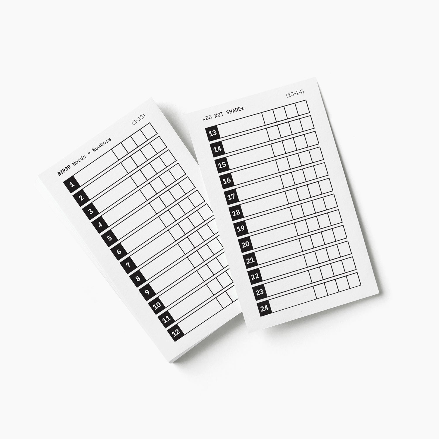 BIP39 words to numbers conversion card