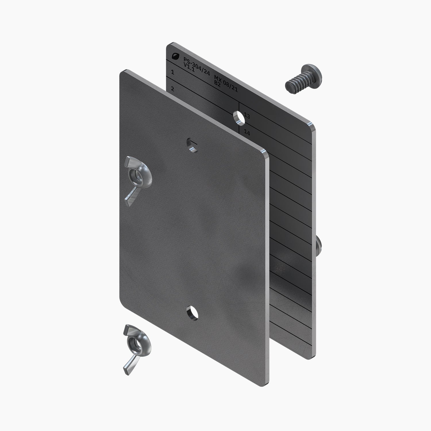 Vertical isometric exploded view of the stainless steel crypto backup Plate S by CryptoNumeris